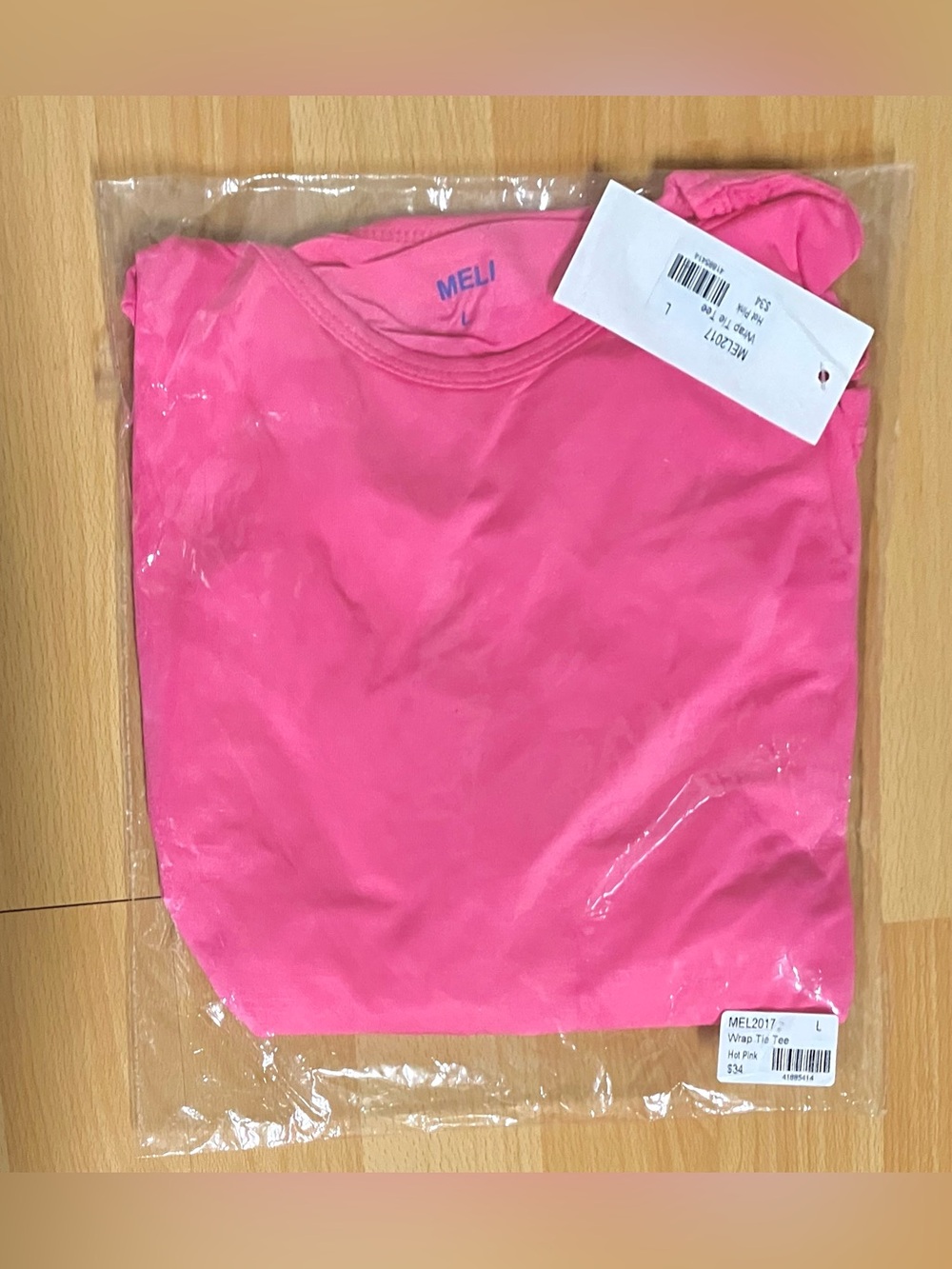 MELI Long Sleeve Wrap Tie Tee-Hot Pink: Size Large - Picture 5 of 7